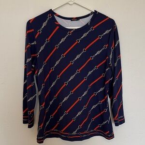 J. McLaughlin Navy and Red Chain Pattern Blouse